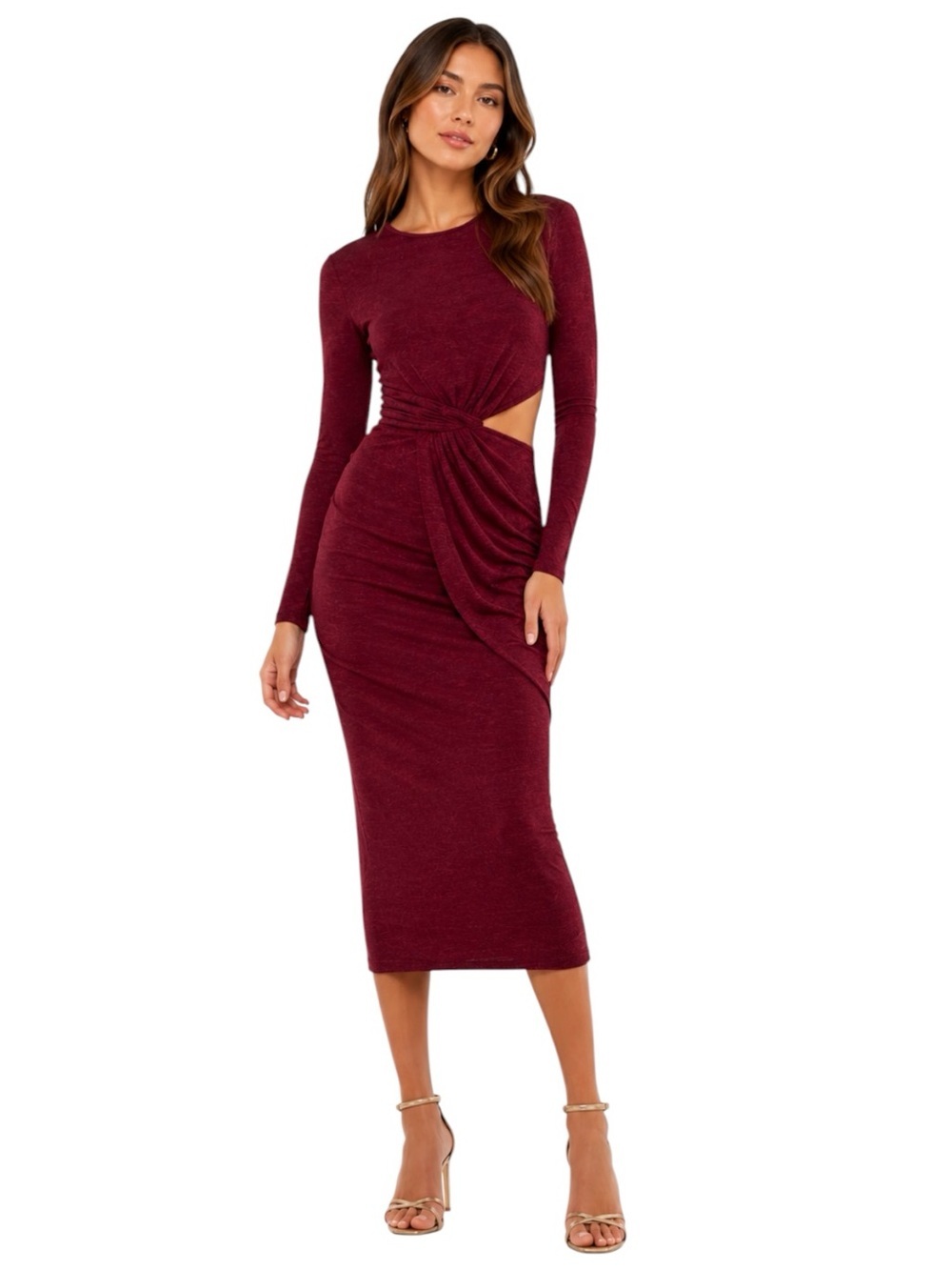 NWT Misha Vina Drape Knit Long Sleeve Cut Out Midi Dress Wine Size 2